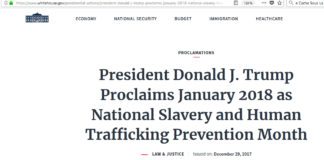 Le président Donald J. Trump proclame janvier 2018, Mois National de la Prévention de l’Esclavage et de la Traite des personnes