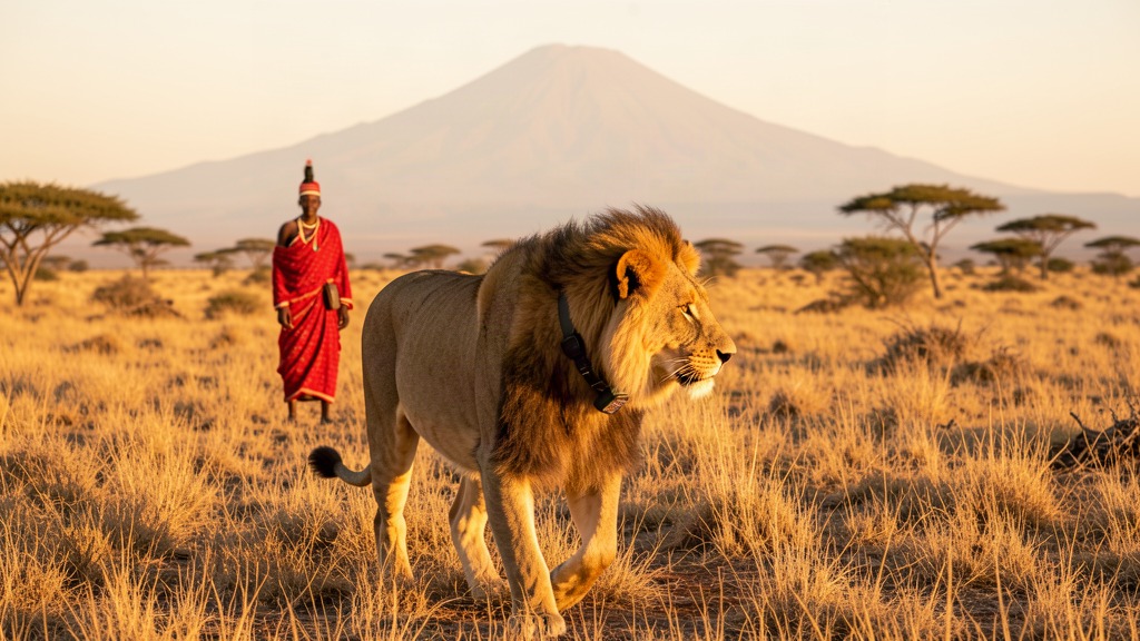 Quand les guerriers Maasai deviennent gardiens de lions 2 Lion portant un collier GPS dans la savane d'Amboseli